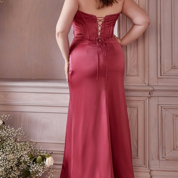 ROSEWOOD COLOR PLUS SIZE PROM PARTY EVENING SATIN CORSET OFF THE SHOULDER DRESS - Picture 5 of 7